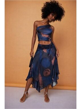 Free People x House of Aama | Starry Eyes Ruched Asymmetrical Midi Skirt ~ NWT L
